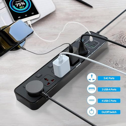 Power Strip with Individual Swtich, 6ft Extension Cord with 5 Universal Outlets and 6 USB (4 USB C), Max 3000w, 110-240v, Multiple Outlets Plug Adapter for Office Travel, UK Plug, Black - size: UK Plug