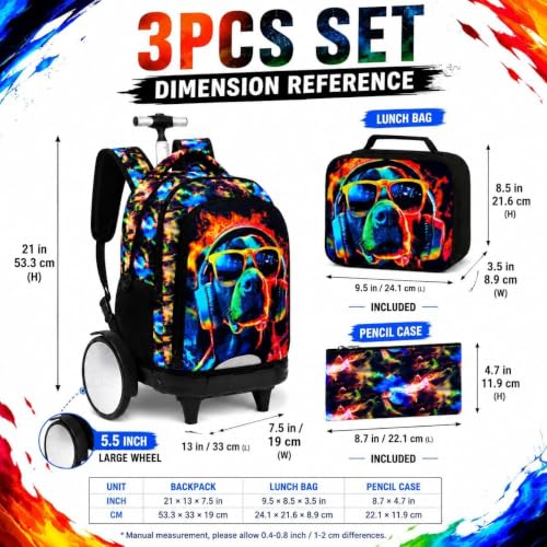3Pcs Rolling Backpack for Boys with Detachable Large Wheels, Kids Cool Dog Wheeled Backpack Set for Elementary School Travel (Black) - color: Dog Black