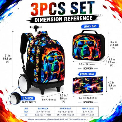 3Pcs Rolling Backpack for Boys with Detachable Large Wheels, Kids Cool Dog Wheeled Backpack Set for Elementary School Travel (Black) - color: Dog Black