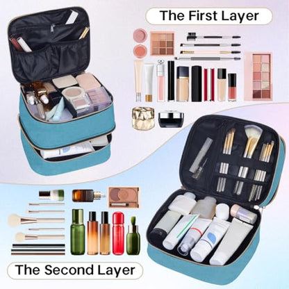 Double Layer Makeup Bag with Adjustable Dividers, Green - color: Light Green