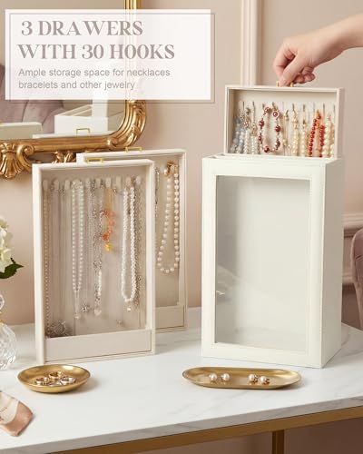Huquary 3 Layer Vertical Necklace Organizer Box 12.6" x 7.9" x 5", Beige - color: Beige