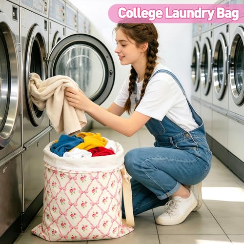 Laundry Bag Backpack for Dorm & Travel, 29 x 18" Large Dirty Bag - color: Rose Bow