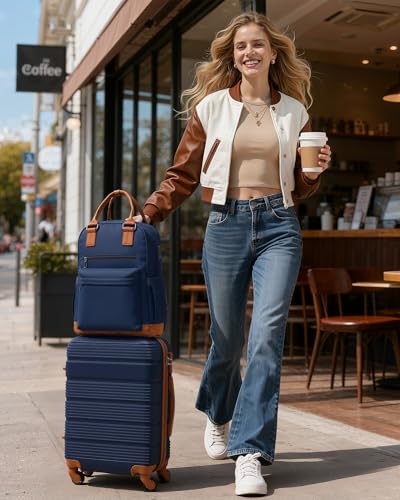 LONG VACATION Luggage Sets with Spinner Wheels, Carry on Suitcase 3 Piece - color: NAVY, size: 3 piece set(BP)