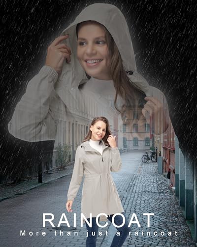 33,000ft Women's Waterproof Long Rain Coats Packable Rain Jacket with Hood - color: Beige, size: X-Small
