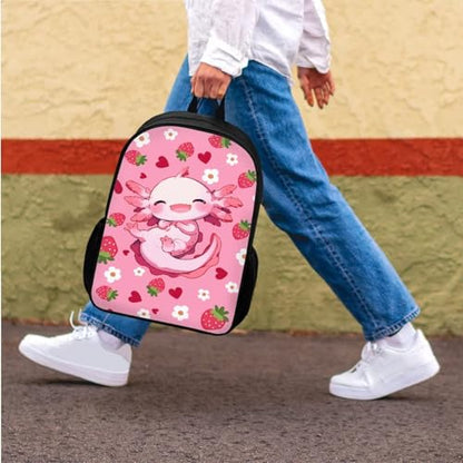 3PCS Kids School Bag Strawberry Axolotl Backpack for Girls with Lunch Box, Pencil Case - Cute Bookbags for Age 5-8 Kindergarten to Elementary School Student Back Pack, Pink - color: Axolotl Strawberry B