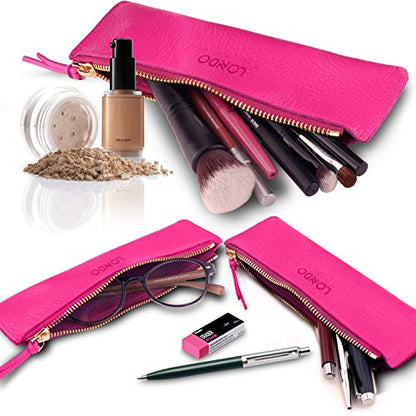 Londo Genuine Leather Pen Case with Zipper Closure, Pencil Pouch Stationery Bag - color: Pink