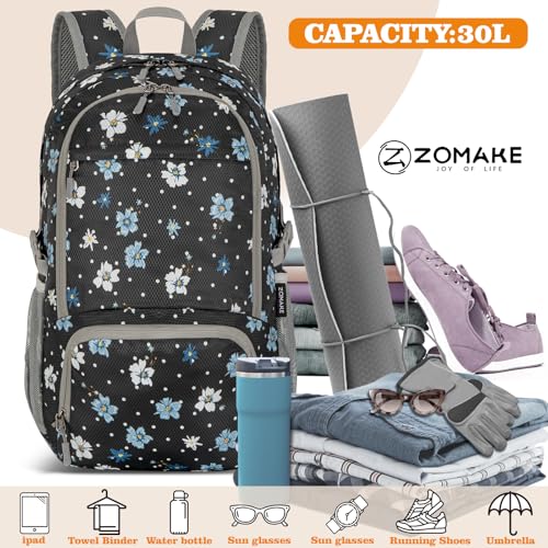 ZOMAKE Lightweight Packable Backpack 30L, Foldable Travel Hiking Daypack - color: D-black,floral Pattern, size: 30L