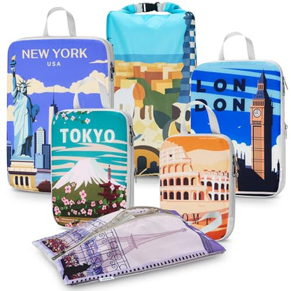 Gonex 6-Piece Compression Packing Cubes with Shoe & Laundry Bags - color: 6-Urban Landscape, size: 6 Set