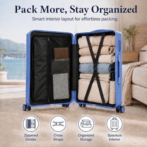 3 Piece Hardside Luggage Set with Spinner Wheels, TSA Lock, Lavender - color: royal blue