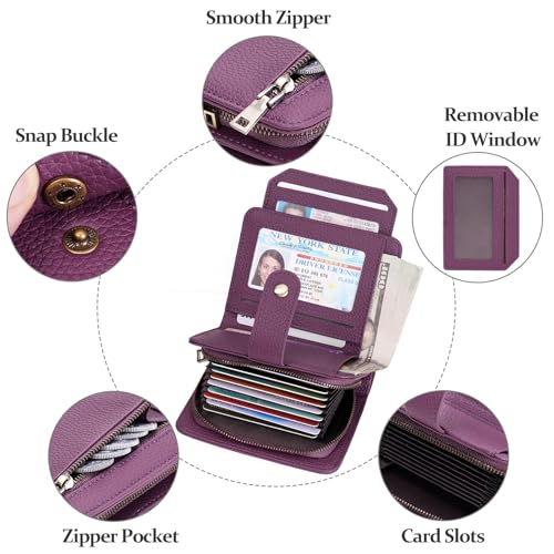 GAEKEAO Small Leather Credit Card Holder Wallets for Women RFID Blocking Bifold Wallet Zipper Pocket with Removable ID Window - color: Y-Purple-Small