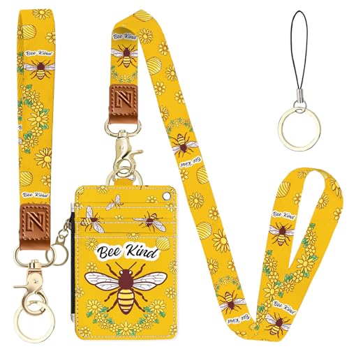 2-in-1 ID Badge Holder & Lanyard Wallet，Cute Zippered Pouch Bee Kind - color: Bee Kind