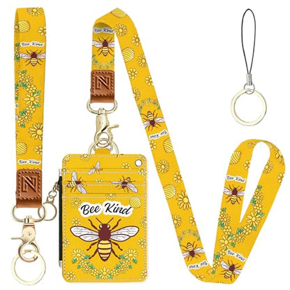 2-in-1 ID Badge Holder & Lanyard Wallet，Cute Zippered Pouch Bee Kind - color: Bee Kind