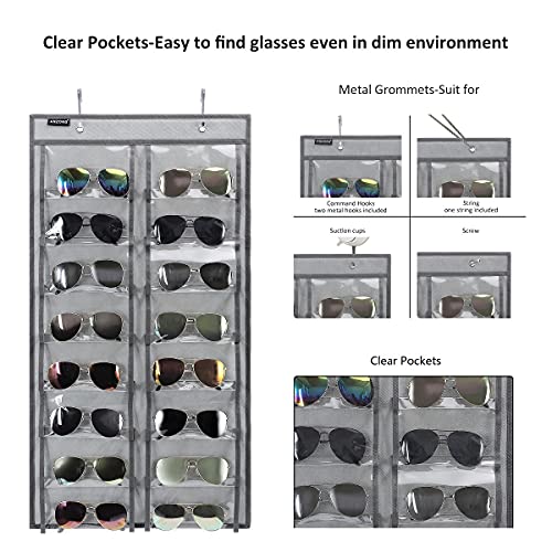 Over the Door Hanging Sunglasses Organizer Storage Sunglass Rack Holder Eyewear Display Case with 16 Clear Dust Proof Pockets (16 Pockets-Grey) - color: 16 Pockets-Grey