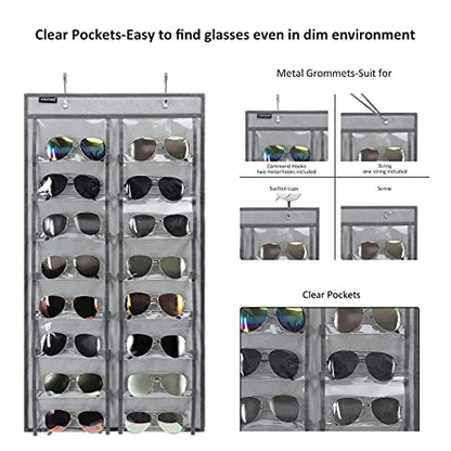 Over the Door Hanging Sunglasses Organizer Storage Sunglass Rack Holder Eyewear Display Case with 16 Clear Dust Proof Pockets (16 Pockets-Grey) - color: 16 Pockets-Grey