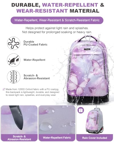 NEW TILAMI 19 Inch Rolling Backpack with Lunch Bag School, Purple Butterfly - color: Butterfly