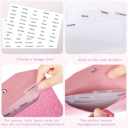 Frienda Cash Envelope Wallet Budget 8 Dividers, Pink, Glitter - color: Pink, style: Glitter
