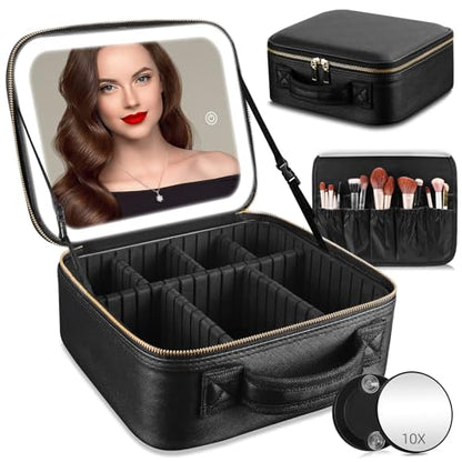 Travel Makeup Bag with Mirror of LED Lighted, Makeup Train Case with Adjustable Dividers, Makeup Case with Mirror and Detachable 10x Magnifying Mirror - color: Black