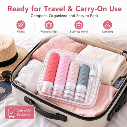 16 Pack Travel Bottles Set - TSA Approved Containers for Toiletries, Leak Proof Silicone Travel Size Containers with Jars, Spray Bottles & Clear Bag for Shampoo, Lotion