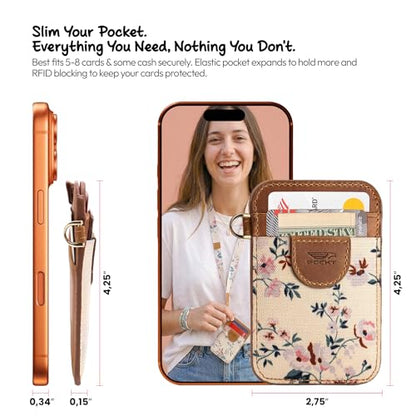 POCKT Elastic Card Holder Wallet for Women and Men, Genuine Leather Slim RFID Blocking Front Pocket Credit Card Holder, Cute Small Minimalist Wallet | Bloom - color: Bloom