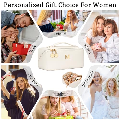Gifts for Women Bridesmaid Initial Makeup Bag | Personalized PU Leather Cosmetic Waterproof Travel Toiletry Bag (Large-Beige-M) - color: LargeBeige, style: M