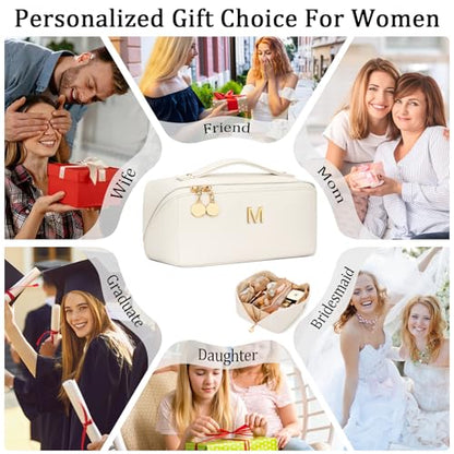 Gifts for Women Bridesmaid Initial Makeup Bag | Personalized PU Leather Cosmetic Waterproof Travel Toiletry Bag (Large-Beige-M) - color: LargeBeige, style: M