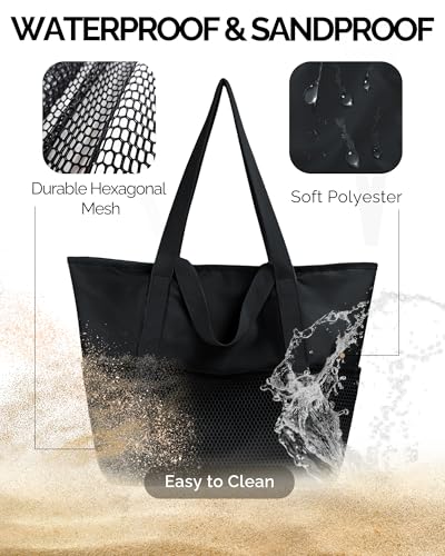HOMESPON Beach Bag Large Waterproof Sandproof Tote for Women with Zipper and Mesh Pockets - color: Black, size: Medium