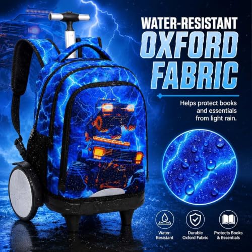 3Pcs Large Rolling Backpack for Boys, 20 Inch Detachable Wheeled Bookbag with Lunch Box, Durable Lightning Truck Roller Backpack for Elementary Middle School (Blue) - color: Large Wheels Truck Blue
