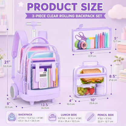 KLFVB Women & Girls Clear Rolling Backpack with Big Quiet-Glide Wheels, 3-in-1 Transparent Wheeled Commuter Set with Lunch Bag | Water-Resistant See-Through Roller Bag for Travel, School - Purple - color: Purple Clear Rolling Backpack with Big Wheels