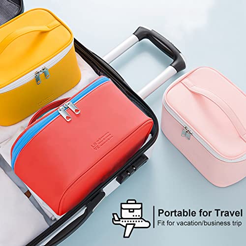 Meiyuuo Travel Makeup Bag for Women, PU Leather Cosmetic Bag, Red - color: Orange Red