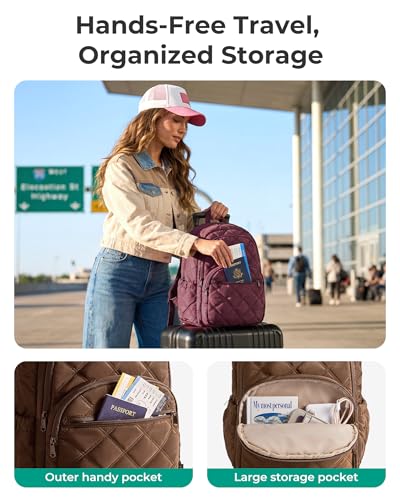 BAGSMART College Laptop Backpack,Cute Travel Backpack for Women,Quilted Computer Bookbag - color: 17-coffee Brown