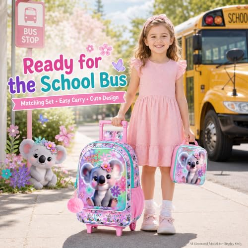 UFNDC 4PCS Rolling Backpack for Girls, Cute Kids Koala Wheeled Bookbag，Roller School Bag with Wheels for Elementary Preschool Travel - color: UV Printing Koala Pink Rolling Backpack