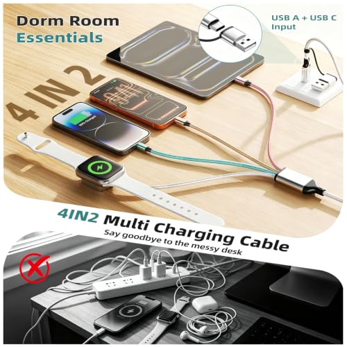 Cruise Essentials 2026, 4 in 2 Multi Charging Cable for Apple Watch Charger - color: White&Green&Golden&Pink, size: AC to 2C+L+iWatch