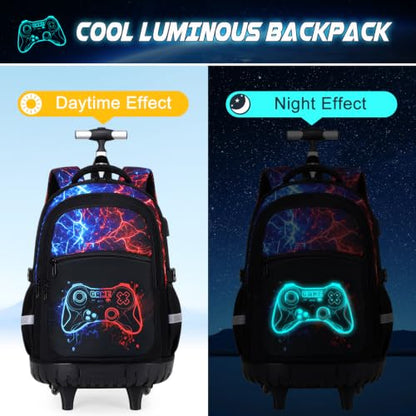 DIGOBAY Rolling Backpack for Boys, 3PCS Luminous Gamer Roller Backpack Set - color: Redblue