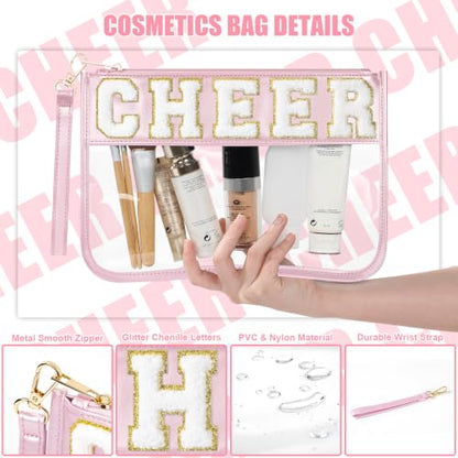 BuyCard Cheer Chenille Letter Bags Clear Makeup Bag, Cheerleader Gifts Cosmetic Bag, Varsity Preppy Patch Flat Pouch Cheer Accessories, Waterproof PVC Organizer Toiletry Bag for Women Girls Mint Pink - color: Pink-Cheer