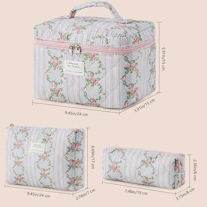 HBselect Quilted Makeup Bag, 3Pcs Cotton Large Travel Makeup Bags Organizer - color: A-3PCS-Floral 51