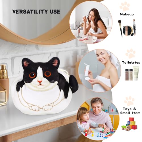 Drawstring Makeup Bag, Cat Makeup Bag, Travel Makeup Organizer, Cosmetic Pouch Bag, Cat Gift for Women, Lay Flat Makeup Bag Gifts for Cat Lovers - color: White and Black Cat
