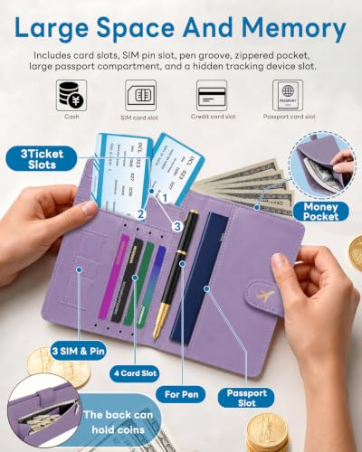RFID Passport Holder with Tracker Slot, Leather Travel Wallet - color: Purple