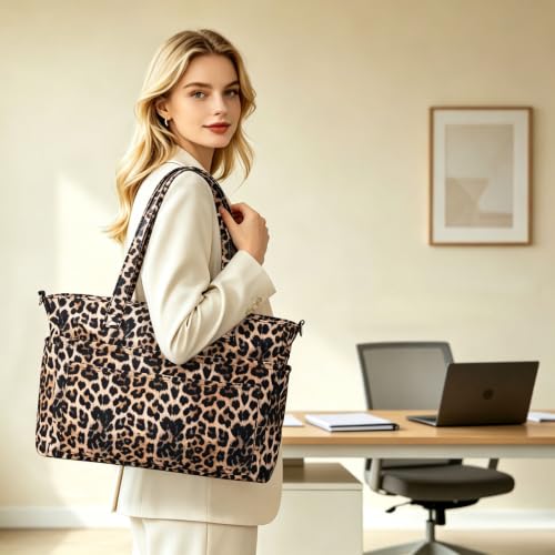 oscaurt Work Tote Bag for Women, 19 Pockets Laptop Tote, Large Teacher Tote - color: Leopard