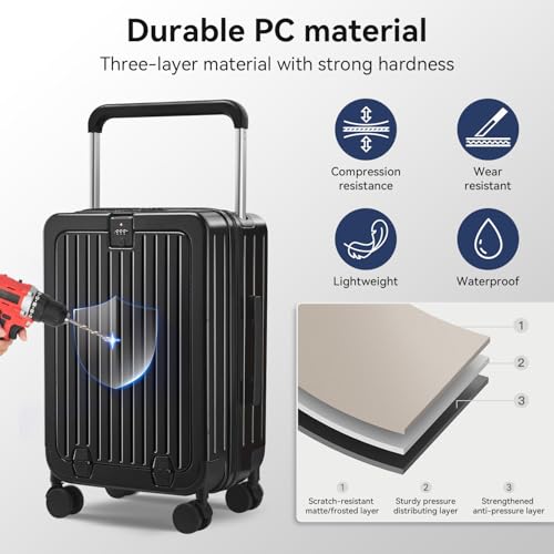 24 Inch Front Pocket Luggage Wide Handle Suitcase, Black - color: Black, size: 24''-B