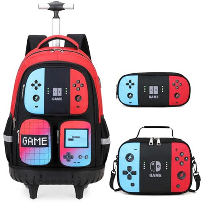 3PCS Gamer Boys Rolling Backpack with Lunch Box & Pencil Pouch (Red Blck) - color: Red Black