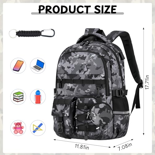 School Backpack for Boys - Camo Boys Backpack for Kids Teens Elementary, Middle & High School Bookbag Daypack with Camouflag Design,18″ Large Capacity with Usb Charging Port & Key-chain - color: Black-backpack Only