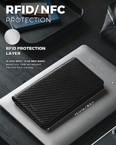 VULKIT Passport Wallet for Travel RFID Blocking Premium Leather - color: Carbon Fiber Black