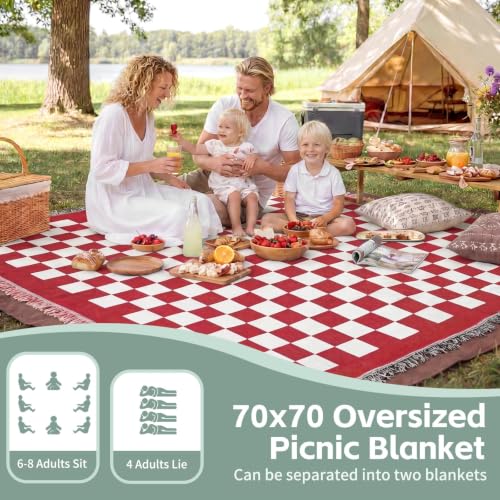 RYCHIC 2 in 1 Extra Large Outdoor Rug Picnic Blanket Camping Mat Lightweight Oversized Giant Turkish Boho Beach Mexican Serape Cobijas Mexicanas para Mesa Park Stadium Outside Festival Grass Hammock - color: Checkered Red