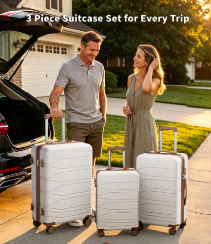 3 Piece Expandable Luggage Set with Spinner Wheels Hardshell Suitcase Set - color: White
