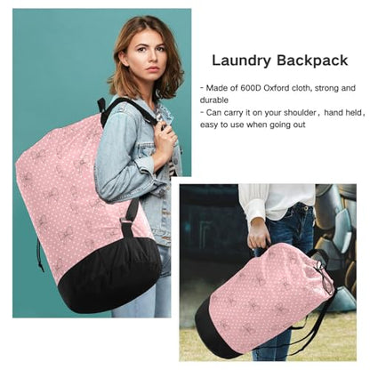 Bow Polka Dot Light Laundry Bag Backpack Bags Mesh Wash Laundry Bags Dirty Clothes Organizer for Vacation Road Trip Essentials Dorm - color: 18-Bow Polka Dot