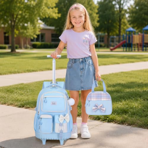 Bevalsa Rolling Backpack for Girls, Roller Backpack with Wheels | Cute Bow Plaid Wheeled School Bookbag Set with Lunch Bag & Pen Case, Suitcases for Kids Teens Elementary Middle Student - color: Blue Plaid