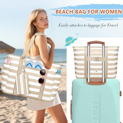 Extra Large Beach Bags for Women Waterproof Sandproof Beach Tote Bag - color: Khaki White