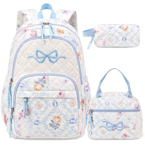 DIGOBAY Quilted Backpack for Girls, Girls Backpack w/Lunch Box Pencil Case - color: Patchwork Floral Print