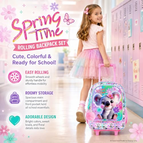 UFNDC 4PCS Rolling Backpack for Girls, Cute Kids Koala Wheeled Bookbag，Roller School Bag with Wheels for Elementary Preschool Travel - color: UV Printing Koala Pink Rolling Backpack