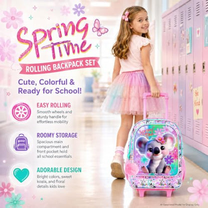 UFNDC 4PCS Rolling Backpack for Girls, Cute Kids Koala Wheeled Bookbag，Roller School Bag with Wheels for Elementary Preschool Travel - color: UV Printing Koala Pink Rolling Backpack